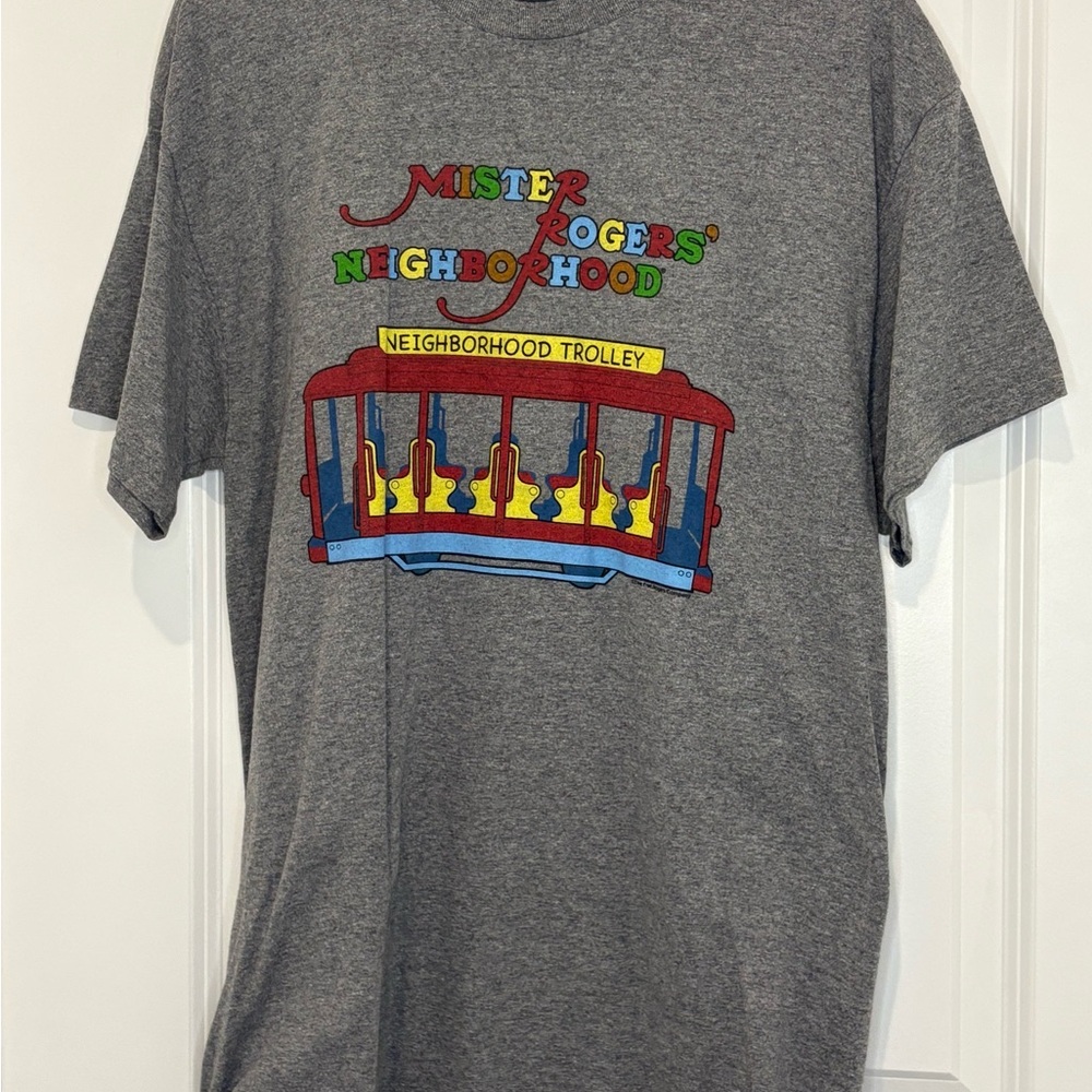 Gildan Gray Mister Rogers' Neighborhood T-Shirt with Red & Blue Trolley Graphic